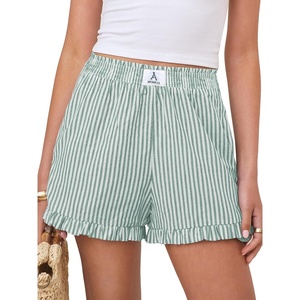 image:imageANRABESS Boxer Shorts for WomenGingham Plaid Elastic Waist RufflePerfect for LoungePajamaampSleepCute Casual Summer BottomsGreen White Stripe