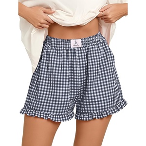 image:imageANRABESS Boxer Shorts for WomenGingham Plaid Elastic Waist RufflePerfect for LoungePajamaampSleepCute Casual Summer BottomsNavy Blue White Plaid