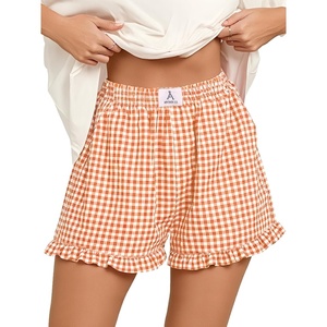 image:imageANRABESS Boxer Shorts for WomenGingham Plaid Elastic Waist RufflePerfect for LoungePajamaampSleepCute Casual Summer BottomsOrange White Plaid
