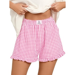 image:imageANRABESS Boxer Shorts for WomenGingham Plaid Elastic Waist RufflePerfect for LoungePajamaampSleepCute Casual Summer BottomsPink White Plaid