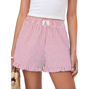 image:imageANRABESS Boxer Shorts for WomenGingham Plaid Elastic Waist RufflePerfect for LoungePajamaampSleepCute Casual Summer BottomsPink White Stripe