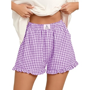 image:imageANRABESS Boxer Shorts for WomenGingham Plaid Elastic Waist RufflePerfect for LoungePajamaampSleepCute Casual Summer BottomsPurple White Plaid