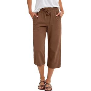image:imageANRABESS Capris Pants for Women Summer Casual Loose Drawstring Elastic High Waist Straight 2026 Lounge Beach Cropped TrousersCoffee