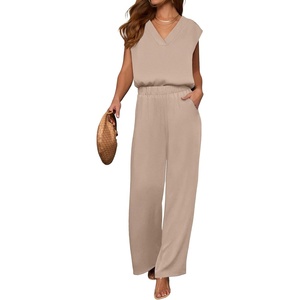 image:imageANRABESS Women Summer 2 Piece Outfits VNeck Top and Wide Leg Pants Set Comfy AllDay Wear for Lounge amp Daily Travel SetsApricot