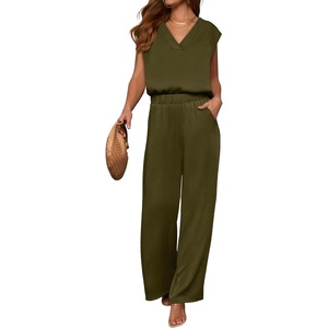 image:imageANRABESS Women Summer 2 Piece Outfits VNeck Top and Wide Leg Pants Set Comfy AllDay Wear for Lounge amp Daily Travel SetsArmy Green