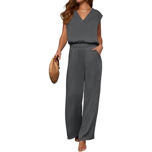 image:imageANRABESS Women Summer 2 Piece Outfits VNeck Top and Wide Leg Pants Set Comfy AllDay Wear for Lounge amp Daily Travel SetsDark Gray
