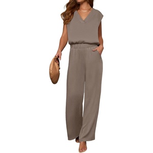 image:imageANRABESS Women Summer 2 Piece Outfits VNeck Top and Wide Leg Pants Set Comfy AllDay Wear for Lounge amp Daily Travel SetsLight Camel