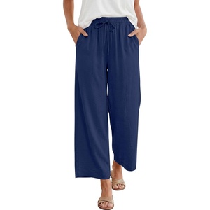 image:imageANRABESS Women Wide Leg Pants Summer Palazzo High Waisted Casual Loose Lounge Flowy Capri Cropped Beach Trousers Work OutfitsNavy Blue