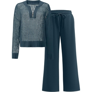 image:imageANRABESS Womens 2 Piece Outfits 2026 Spring Crochet Half Zip Sweater Top Wide Leg Pant Travel Matching Sets Lounge ClothesDark Teal
