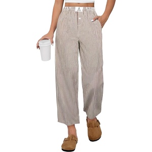 image:imageANRABESS Womens Gingham Striped Pants Palazzo amp Cropped Comfy amp Cute Lounge Pajama Plaid PJ Bottoms With PocketsBrown White Stripe