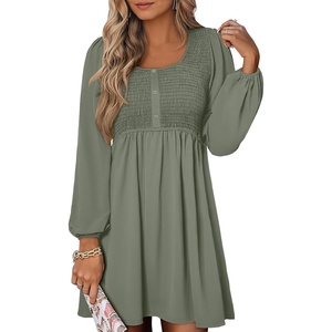 image:imageANRABESS Womens Long Lantern Sleeve Dresses 2026 Spring Casual Smocked High Waist Flowy Short Dress with Pockets TrendyArmy Green