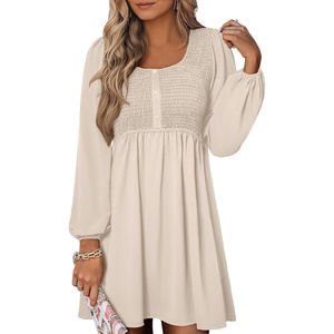 image:imageANRABESS Womens Long Lantern Sleeve Dresses 2026 Spring Casual Smocked High Waist Flowy Short Dress with Pockets TrendyBeige