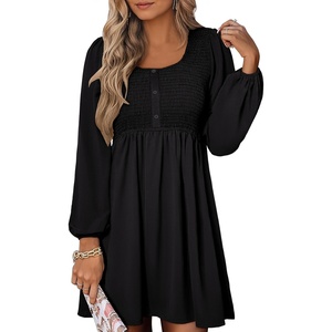 image:imageANRABESS Womens Long Lantern Sleeve Dresses 2026 Spring Casual Smocked High Waist Flowy Short Dress with Pockets TrendyBlack
