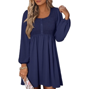 image:imageANRABESS Womens Long Lantern Sleeve Dresses 2026 Spring Casual Smocked High Waist Flowy Short Dress with Pockets TrendyBlack Blue