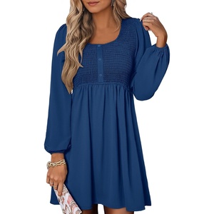 image:imageANRABESS Womens Long Lantern Sleeve Dresses 2026 Spring Casual Smocked High Waist Flowy Short Dress with Pockets TrendyDark Blue