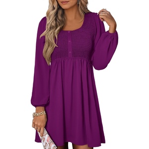 image:imageANRABESS Womens Long Lantern Sleeve Dresses 2026 Spring Casual Smocked High Waist Flowy Short Dress with Pockets TrendyDeep Purple