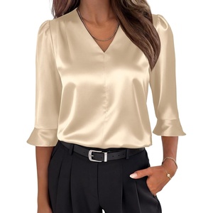 image:imageANRABESS Womens Satin V Neck 34 Ruffle Sleeve Blouse Shirts  Silky Soft Tops Pleated Ruched Shoulders Business Casual Work Office Outfits Dressy Elegant Summer Fall WearBeige