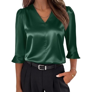 image:imageANRABESS Womens Satin V Neck 34 Ruffle Sleeve Blouse Shirts  Silky Soft Tops Pleated Ruched Shoulders Business Casual Work Office Outfits Dressy Elegant Summer Fall WearDeep Green