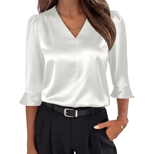 image:imageANRABESS Womens Satin V Neck 34 Ruffle Sleeve Blouse Shirts  Silky Soft Tops Pleated Ruched Shoulders Business Casual Work Office Outfits Dressy Elegant Summer Fall WearWhite