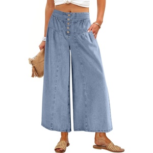 image:imageANRABESS Womens Wide Leg Palazzo JeansCropped Ankle LengthHigh Waist Baggy Barrel Denim Pants with PocketsLight Blue