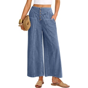 image:imageANRABESS Womens Wide Leg Palazzo JeansCropped Ankle LengthHigh Waist Baggy Barrel Denim Pants with PocketsWater Blue