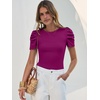image:imageANRABESS Women Puff Short Sleeve Crewneck Dressy Casual Tops Summer Fitted Ribbed Knit Trendy Work Shirts 2026 Spring ClothesFuchsia