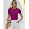 image:imageANRABESS Women Puff Short Sleeve Crewneck Dressy Casual Tops Summer Fitted Ribbed Knit Trendy Work Shirts 2026 Spring ClothesFuchsia