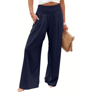 image:imageANRABESS Women Linen Palazzo Pants Summer Boho Wide Leg High Waist Casual Lounge Pant 2026 Beach Travel Vacation OutfitsNavy Blue