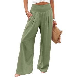 image:imageANRABESS Women Linen Palazzo Pants Summer Boho Wide Leg High Waist Casual Lounge Pant 2026 Beach Travel Vacation OutfitsOlive