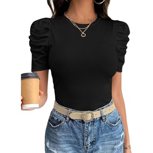 image:imageANRABESS Women Puff Short Sleeve Crewneck Dressy Casual Tops Summer Fitted Ribbed Knit Trendy Work Shirts 2026 Spring ClothesBlack
