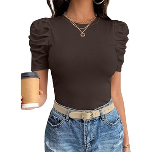 image:imageANRABESS Women Puff Short Sleeve Crewneck Dressy Casual Tops Summer Fitted Ribbed Knit Trendy Work Shirts 2026 Spring ClothesCoffee