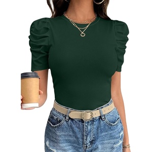 image:imageANRABESS Women Puff Short Sleeve Crewneck Dressy Casual Tops Summer Fitted Ribbed Knit Trendy Work Shirts 2026 Spring ClothesDeep Green