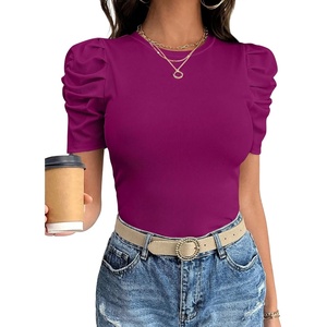 image:imageANRABESS Women Puff Short Sleeve Crewneck Dressy Casual Tops Summer Fitted Ribbed Knit Trendy Work Shirts 2026 Spring ClothesFuchsia