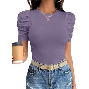 image:imageANRABESS Women Puff Short Sleeve Crewneck Dressy Casual Tops Summer Fitted Ribbed Knit Trendy Work Shirts 2026 Spring ClothesPurple
