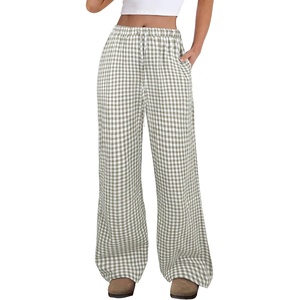 image:imageANRABESS Womens Striped Gingham Pants 2026 Spring Pajama Lounge Boxer Pants Casual Wide Leg Drawstring PJ Bottoms TrousersArmy Green White Plaid