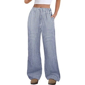 image:imageANRABESS Womens Striped Gingham Pants 2026 Spring Pajama Lounge Boxer Pants Casual Wide Leg Drawstring PJ Bottoms TrousersBlue White Plaid