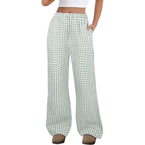 image:imageANRABESS Womens Striped Gingham Pants 2026 Spring Pajama Lounge Boxer Pants Casual Wide Leg Drawstring PJ Bottoms TrousersGreen White Plaid