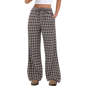 image:imageANRABESS Womens Striped Gingham Pants 2026 Spring Pajama Lounge Boxer Pants Casual Wide Leg Drawstring PJ Bottoms TrousersMulti Coffee Plaid