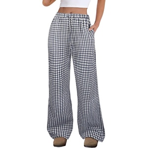image:imageANRABESS Womens Striped Gingham Pants 2026 Spring Pajama Lounge Boxer Pants Casual Wide Leg Drawstring PJ Bottoms TrousersNavy Blue White Plaid