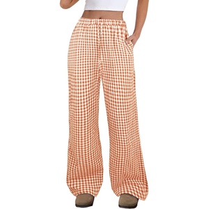 image:imageANRABESS Womens Striped Gingham Pants 2026 Spring Pajama Lounge Boxer Pants Casual Wide Leg Drawstring PJ Bottoms TrousersOrange White Plaid