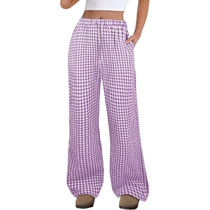 image:imageANRABESS Womens Striped Gingham Pants 2026 Spring Pajama Lounge Boxer Pants Casual Wide Leg Drawstring PJ Bottoms TrousersPurple White Plaid