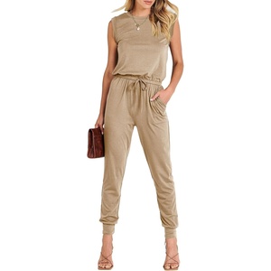 image:imageANRABESS Womens Summer Sleeveless Jumpsuits Casual Dressy Stretchy Crewneck Rompers One Piece Outfits Fall Fashion 2026Khaki