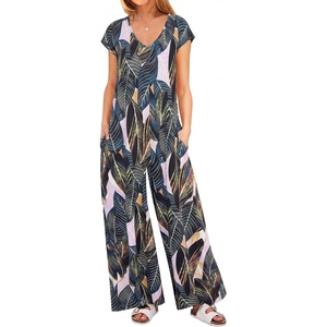image:imageANRABESS Jumpsuits for Women 2026 Summer Casual Loose Cap Sleeve Crewneck Wide Leg Rompers Jumper One Piece Beach OutfitsLeaf Print