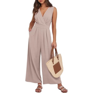 image:imageANRABESS Women Jumpsuits Sleeveless V Neck Elegant Dressy Casual Backless One Piece Pants Romper 2026 Summer OutfitsKhaki