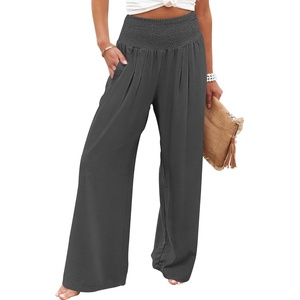 image:imageANRABESS Women Palazzo Pants Summer Flowy Wide Leg High Waist Lounge Trousers with Pockets 2026 Casual Beach Vacation OutfitsDark Gray