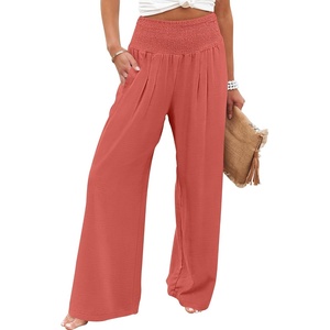image:imageANRABESS Women Palazzo Pants Summer Flowy Wide Leg High Waist Lounge Trousers with Pockets 2026 Casual Beach Vacation OutfitsOrange Red