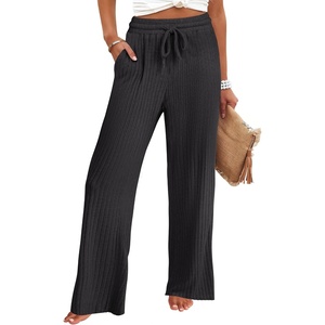 image:imageANRABESS Womens Ribbed Knit Lounge Pajama Pants Soft Fuzzy Comfy Wide Leg Drawstring Fall Loose Pj Bottoms with PocketsBlack