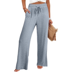 image:imageANRABESS Womens Ribbed Knit Lounge Pajama Pants Soft Fuzzy Comfy Wide Leg Drawstring Fall Loose Pj Bottoms with PocketsBlue