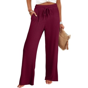 image:imageANRABESS Womens Ribbed Knit Lounge Pajama Pants Soft Fuzzy Comfy Wide Leg Drawstring Fall Loose Pj Bottoms with PocketsBurgundy