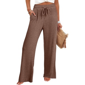 image:imageANRABESS Womens Ribbed Knit Lounge Pajama Pants Soft Fuzzy Comfy Wide Leg Drawstring Fall Loose Pj Bottoms with PocketsDark Brown